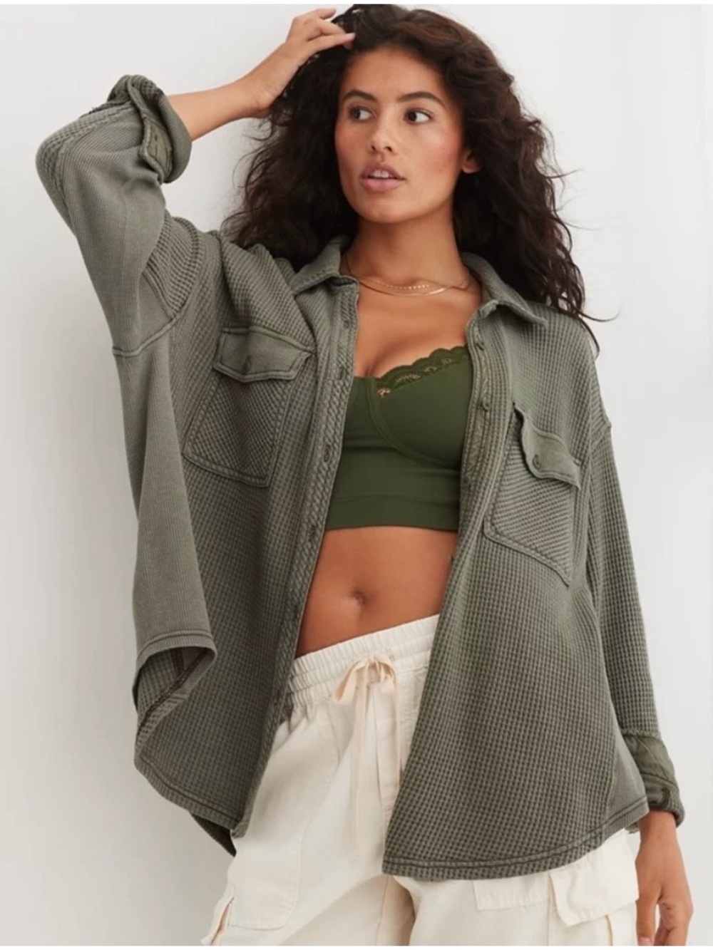 Aerie Lumber Jane Waffle Shirt Small Olive Long Sleeve Thermal Shacket Oversized